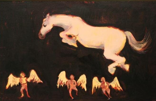 
A white horse jumping over 3 angels