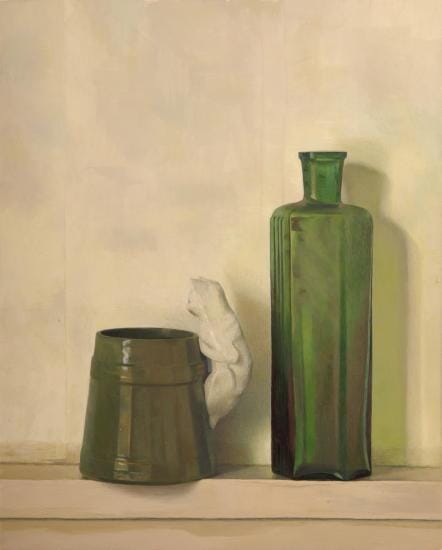 
Green bottle and jar on a narrow shelf